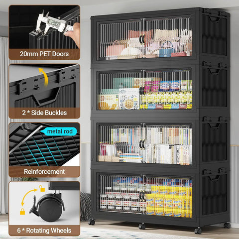 Heavy Duty Stackable Storage Bins With Lids 4 Pack Black, Big Boy Extra Large Collapsible Plastic Totes, Badass Strong Containers For Closets Or Attics, Quick Fold Flat Setup For Zero Clutter Vibes