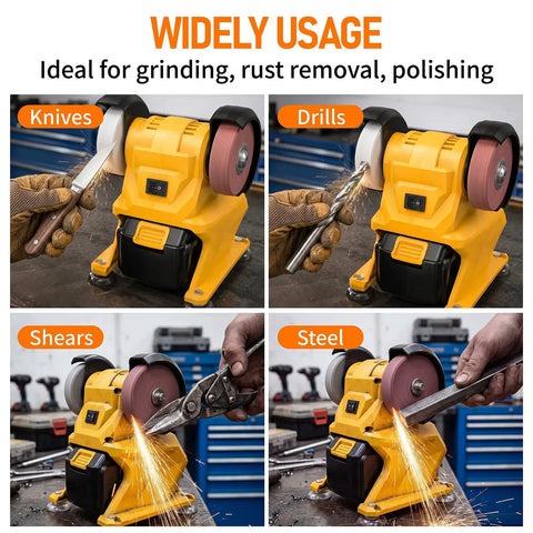 Grab A Snappy Lightweight Cordless Bench Grinder Constructed To Run On Your Favorite DeWalt 20V Battery Packs for sharpening knives, drills, shears, and steel.