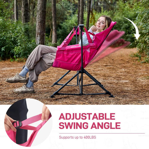 Padded Oversized Hammock Camping Chair With Multi Storage Pockets, Portable Foldable Rocking Swing Chair, in pink, outdoor setup