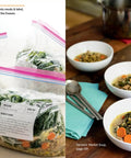 Top Shelf Batch Cooking Cookbook For Busy Families Stock Your Freezer With Legit Budget Friendly Dinner Recipes Fast Meal Prep Hacks And Solid Kitchen Swaps You Actually Gonna Love. Frozen meals in plastic bags and servings of soup in white bowls.