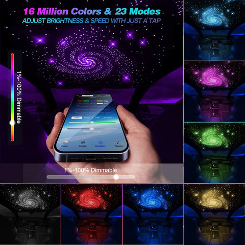 Starlight Headliner Kit For Car And Home Room Dope Fiber Optic Setup Displaying Multiple Colors and Modes on Smartphone App