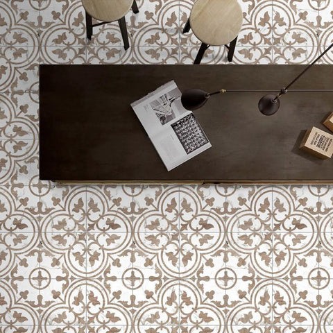 Loire Noce 9.75 Inch Square Porcelain Floor And Wall Tile Dope Glazed Mix Texture With Subtle Tone Variation in decorative setting.