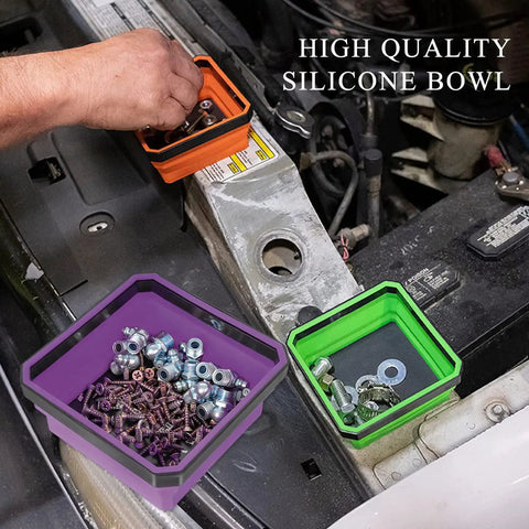 Collapsible Magnetic Parts Tray For DIYers Must Have 4.5 Inch Square Silicone Tool Tray With Dual Sided Magnetic Base in use