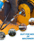Grease gun coupler with locking quick-release tip installed on yellow industrial machinery.