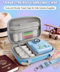 Kids Instant Print Camera With Carrying Case And 32GB SD Card, Selfie Ready Digital Toy For Ages 3 To 12, Five Color Printing Red Blue Green Orange Black And White, Includes 6 Rolls Paper And Portable Gift For Christmas Or Birthday, blue case open with camera and paper rolls
