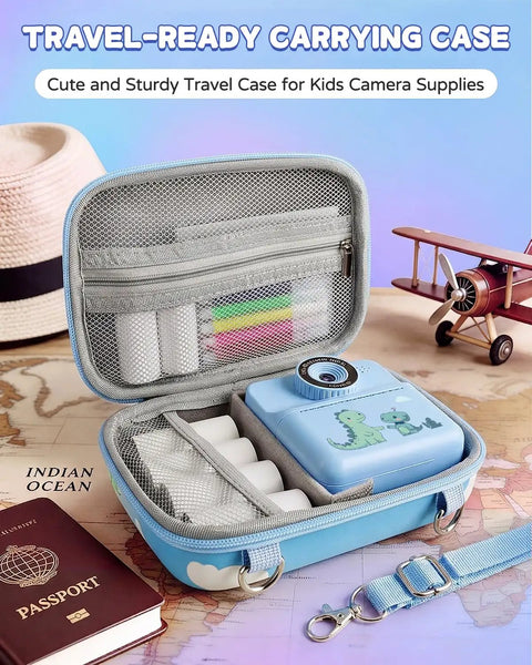 Kids Instant Print Camera With Carrying Case And 32GB SD Card, Selfie Ready Digital Toy For Ages 3 To 12, Five Color Printing Red Blue Green Orange Black And White, Includes 6 Rolls Paper And Portable Gift For Christmas Or Birthday, blue case open with camera and paper rolls