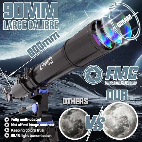 High Powered 90mm Refractor Telescope With 800mm Focal Length On Simple AZ Mount For Adults And Beginners, Stellar Optics For Kids