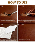 Four-step process showing how to use Leather Repair Kit For Vinyl And Leather Quick Drying Filler With Easy Color Matching.
