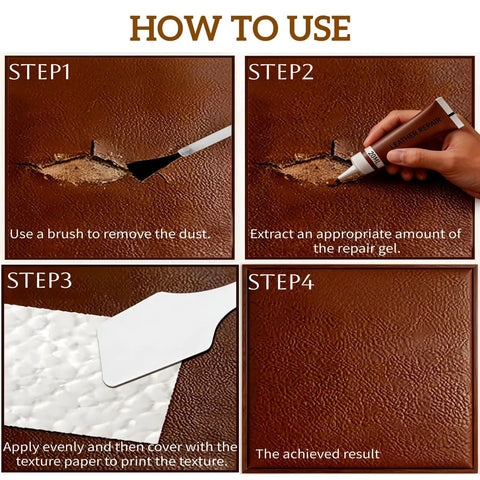 Four-step process showing how to use Leather Repair Kit For Vinyl And Leather Quick Drying Filler With Easy Color Matching.