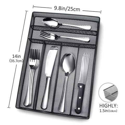 24 Piece Stainless Steel Silverware Set For 4 Dishwasher Safe Flatware Utensils With Knife Fork Spoon Steak Knife And Black Wire Mesh Storage Tray Included.