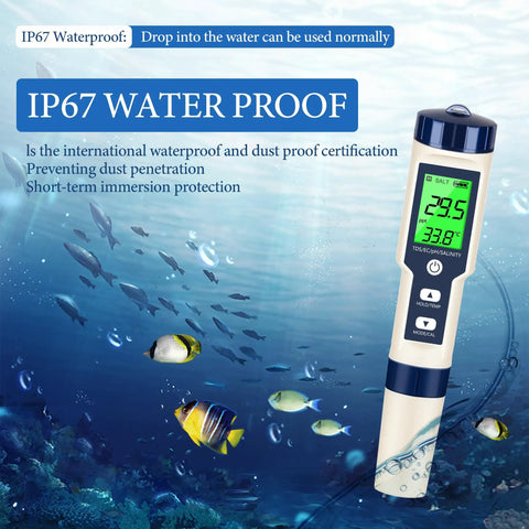 Five In One pH Meter And TDS Meter Digital Water Tester With Salinity EC And Temperature shown underwater with IP67 waterproof label