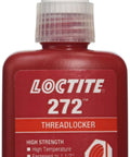 Front view of a 50 ml bottle of Red Threadlocker For High Temp Applications 272 Formula, used for bolts and machinery.