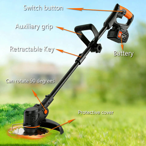 Cordless 21V Weed Trimmer With Dual 2000mAh Batteries and Charger No Cord Hassle Lightweight Brush Cutter showing features