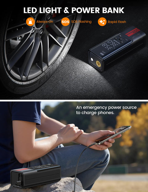 Portable Car Tire Inflator Air Compressor 150 PSI Cordless Quick Inflate With Gauge in use as power bank with LED light