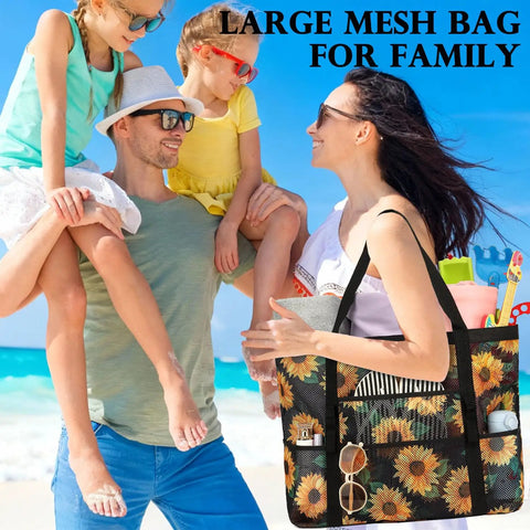 Family at beach with Huge Mesh Beach Bag For Women With Zipper Pocket Sandproof Pool Cruise Tote in sunflower design.