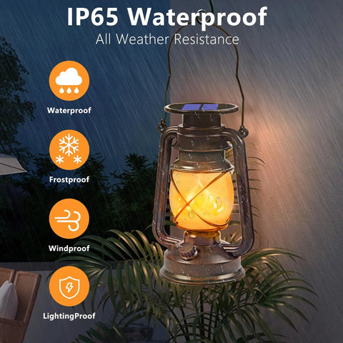 Outdoor Solar Lanterns 2 Pack Waterproof Bronze Flickering Flame Lights for Garden Patio and Yard showing in rainy weather