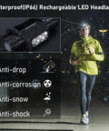 Rechargeable Headlamp 1500 Lumen LED With USB Red Light Modes IP65 Waterproof Head Torch, in use by runner in rain.