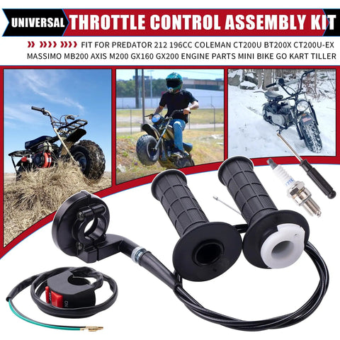 Universal Seven Eighth Inch Mini Bike Throttle Control Assembly Kit For Predator 212cc 196cc And GX160 GX200 Clones shown with bike images