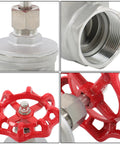 Heavy Duty Full Port Gate Valve In Stainless Steel One And A Half Inch NPT, close-up of threading and red wheel handle, for oil and HVAC systems