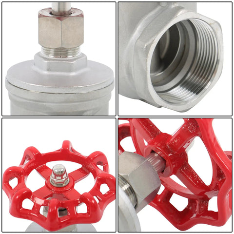 Heavy Duty Full Port Gate Valve In Stainless Steel One And A Half Inch NPT, close-up of threading and red wheel handle, for oil and HVAC systems