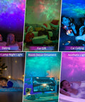 Astronaut Galaxy Projector Night Light With Moon Lamp 7 Color Nebula Glow Remote Control And Auto Timer LED Galaxy Lamp For Kids And Adults Dope Room Decor Gift displaying various ambiance settings.