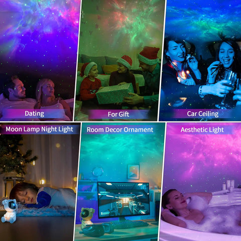 Astronaut Galaxy Projector Night Light With Moon Lamp 7 Color Nebula Glow Remote Control And Auto Timer LED Galaxy Lamp For Kids And Adults Dope Room Decor Gift displaying various ambiance settings.