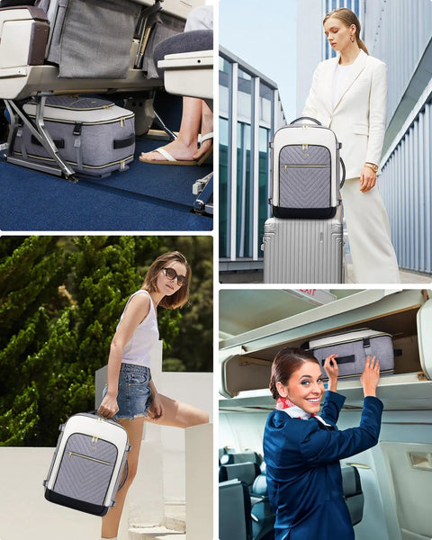 Collage of women using 40L Travel Backpack For Women With 3 Packing Cubes Waterproof Carry On Bag TSA Approved For Airplanes Fits 17 Inch Laptop