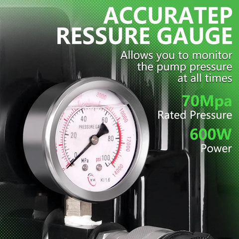 Pressure gauge on Electric Hydraulic Power Unit 2HP Pump Delivers 10,000 PSI With Single Acting 2 Stage Design And Dual Hoses