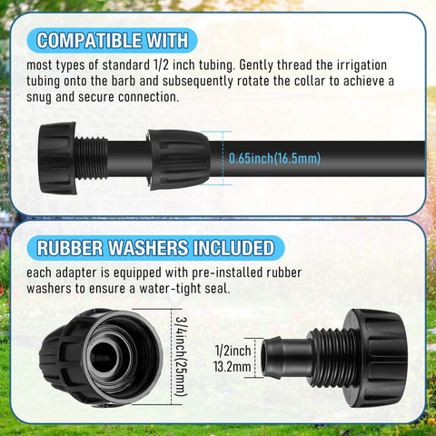 Close-up of Two Pack Drip Irrigation Backflow Preventer And 15 PSI Pressure Regulator Kit showing tubing and adapter measurements.