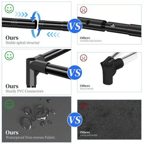 Comparison of Tall 40-Pair Shoe Rack Organizer materials vs others, highlighting spiral structure, PVC connectors, waterproof fabric.
