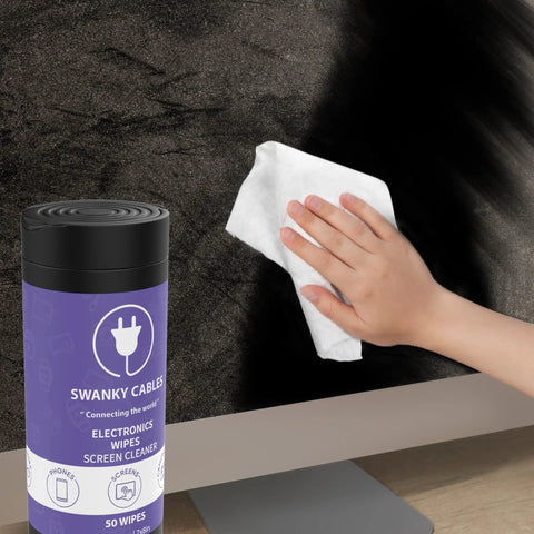 Screen Cleaner Wipes For Screens And Lenses Safe Gentle Electronic Wipes For Phone TV Computer Monitor With Microfiber Cloth Canister 200 Count shown with hand cleaning computer monitor