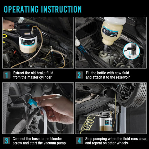 Operating instructions for 3L Pneumatic Brake Bleeder Vacuum Pump Kit for One Person Operation with Work Gloves and 23 Piece Adapters