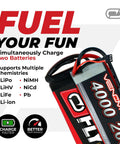 Power Pro Duo LiPo Battery Charger With LCD Screen Beefy Dual 80W Ports packaging, showing multi-chemistry support details