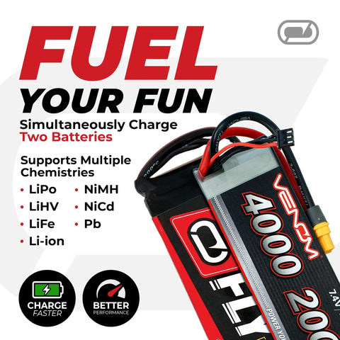 Power Pro Duo LiPo Battery Charger With LCD Screen Beefy Dual 80W Ports packaging, showing multi-chemistry support details