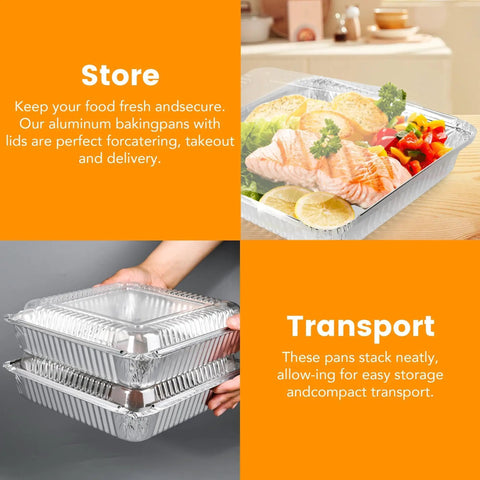 40 Pack 8x8 Inch Aluminum Square Pans With Clear Lids For Baking, Heating, Storing, And Meal Prep in kitchen and stacked view