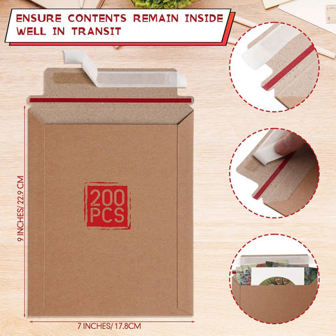 7x9 Inch Rigid Kraft Mailers Self Adhesive Flat Shipping Bags 200 Pack Bulk For Office Mailing Documents Photos Letters Durable Kraft Color Envelopes.
