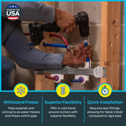 Blue One Half Inch PEX A Flexible Water Tubing 100 Feet for hot and cold potable water systems installed with fewer fittings.