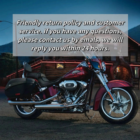 Motorcycle in front of a rustic building, featuring a note on friendly return policy and customer service.