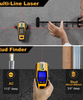 2-In-1 Stud Finder With Laser Level in use, displaying features like cross line laser, wall scanning for studs, wires, and pipes.