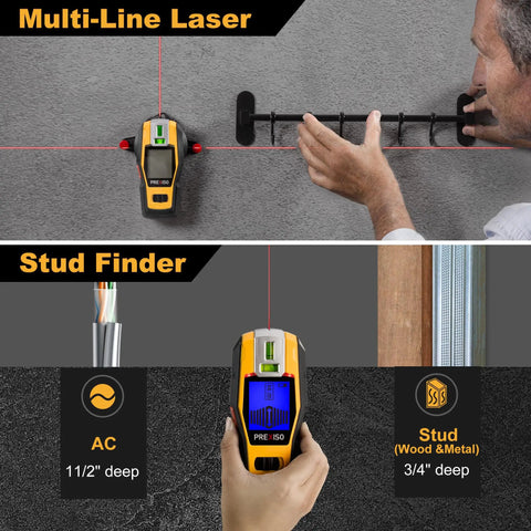2-In-1 Stud Finder With Laser Level in use, displaying features like cross line laser, wall scanning for studs, wires, and pipes.