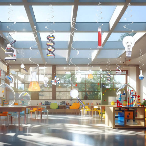 Colorful science-themed ceiling danglers, including beakers and microscopes, in a bright classroom setting for STEM events.