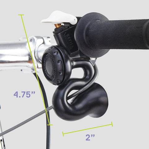 Airzound Bike Horn Loud 115 DB with Rechargeable Power mounted on bike handlebar, black thermoplastic design, compact size.