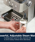 Top Notch Stainless Steel Espresso Machine With Built In Milk Frother For Killer Homemade Lattes And Smooth Cappuccinos Powered By Consistent Nine Bar Pressure And Zero Effort Auto Stop Settings Anytime - adjustable steam wand in use