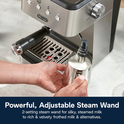 Top Notch Stainless Steel Espresso Machine With Built In Milk Frother For Killer Homemade Lattes And Smooth Cappuccinos Powered By Consistent Nine Bar Pressure And Zero Effort Auto Stop Settings Anytime - adjustable steam wand in use