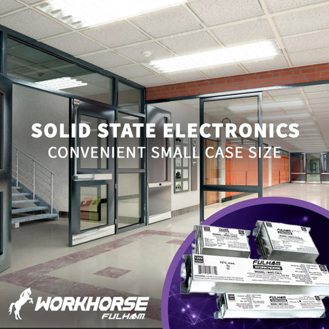 Solid state electronics display with Workhorse 5 Adaptable Electronic Fluorescent Lamp Ballast for commercial lighting.