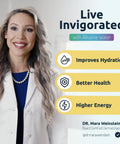 Person in medical coat with text 'Live Invigorated with Alkaline Water' emphasizing hydration and health benefits.