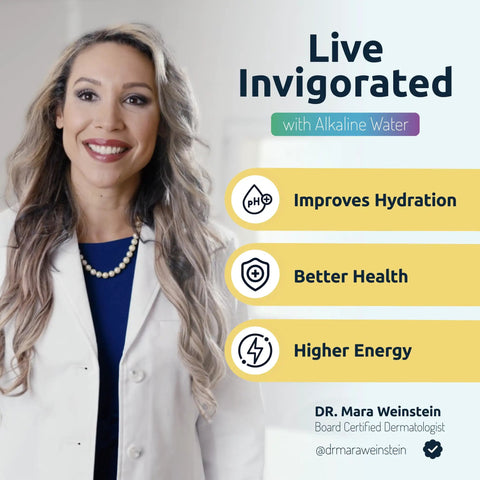 Person in medical coat with text 'Live Invigorated with Alkaline Water' emphasizing hydration and health benefits.