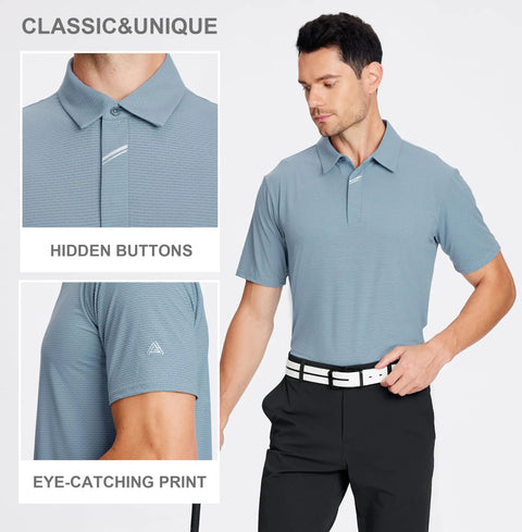 Jacquard Golf Polo Shirts For Men With Moisture Wicking Tech Short Sleeve Performance Dry Fit Activewear Polo Hidden Placket Breathable Comfort Gray Size Large shown on model