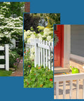 Decorative white picket fences in garden settings with flowers and greenery, showcasing fence styles and railing aesthetics.