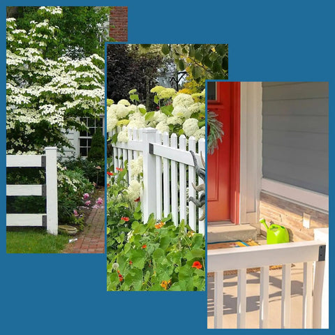 Decorative white picket fences in garden settings with flowers and greenery, showcasing fence styles and railing aesthetics.